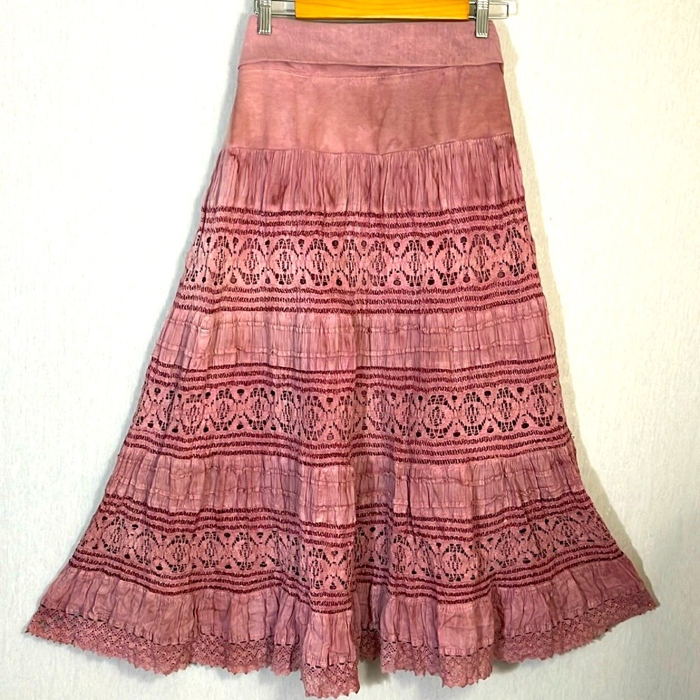 Noelle Pink Lace Tiered Boho Maxi Skirt enzyme dyed with Fold-over waistband